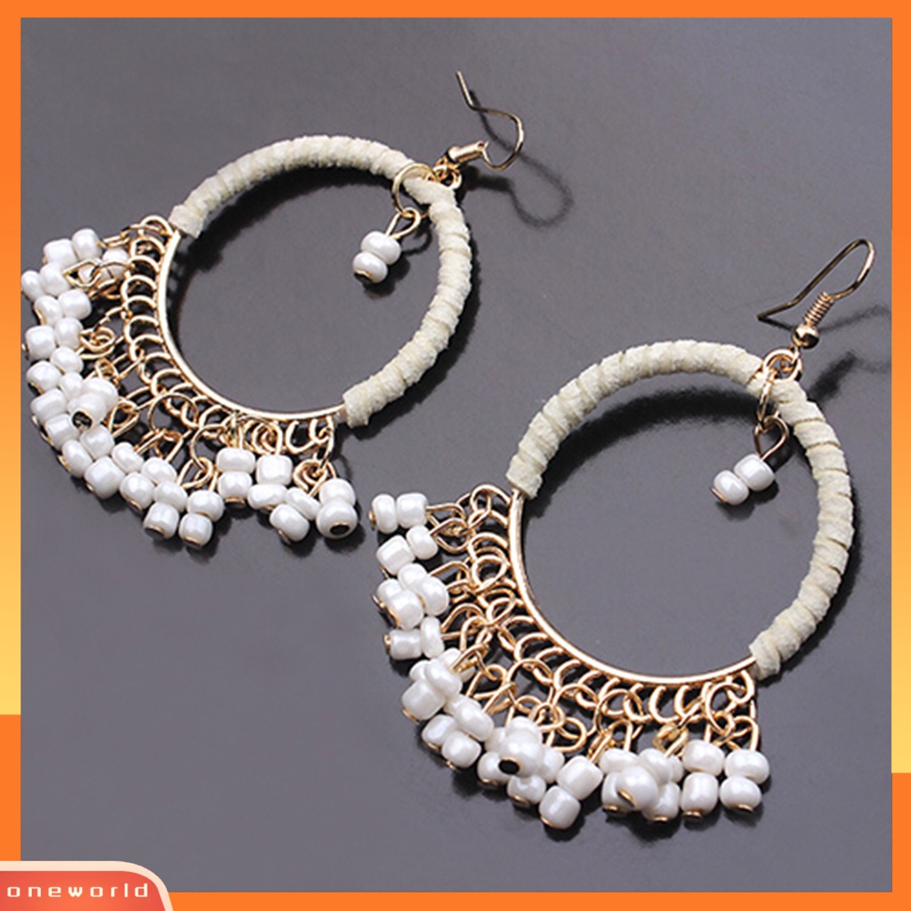 [WOD] 1pasang Anting Gaya Boho Manik-Manik Rumbai Desain Alloy Menjuntai Anting Kait Untuk Pakaian Sehari-Hari