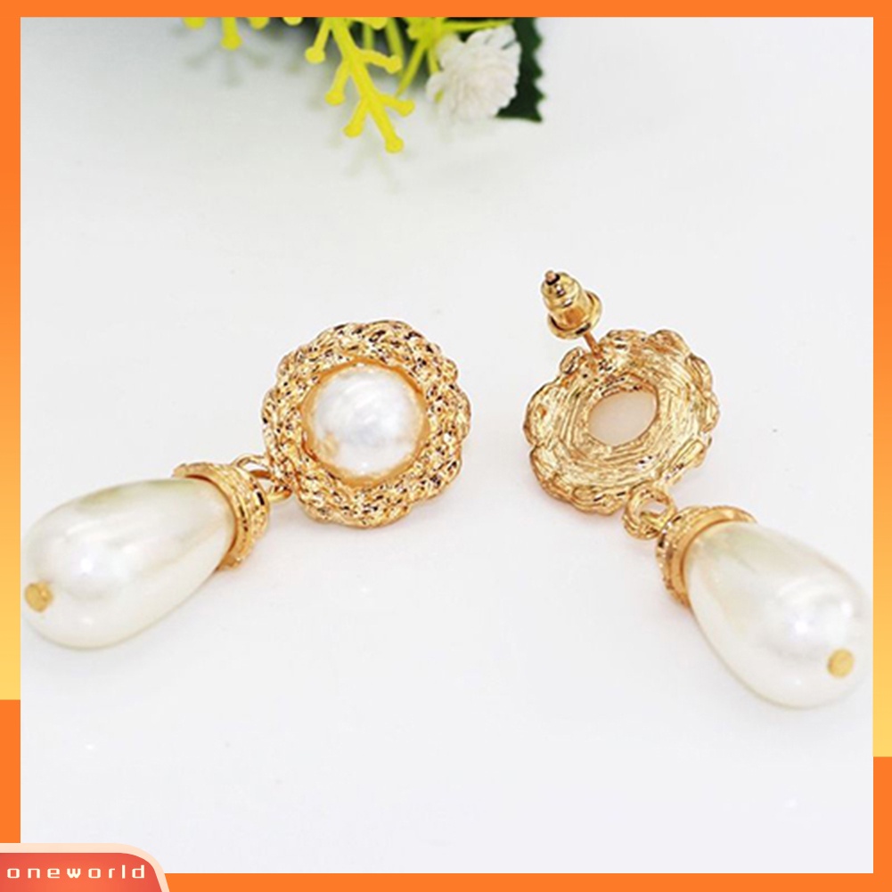 [WOD] Wanita Elegan Mewah Nada Emas Perhiasan Mutiara Imitasi Drop Menjuntai Stud Earrings