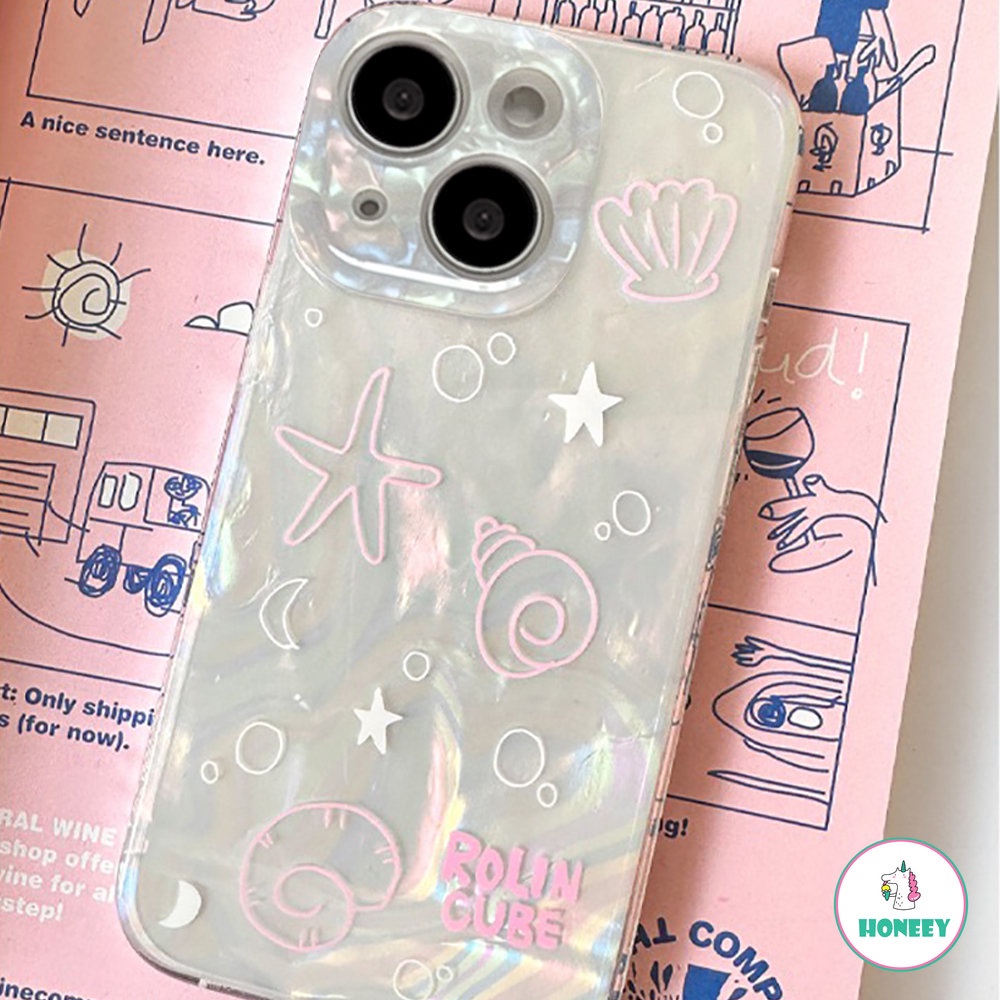 IPHONE Korea Glitter Ocean Lines Back Cover Kompatibel Dengan Iphone11 12 Pro 13 14 Pro Max14 Plus Case Kartun Lucu IMD Phone Cover