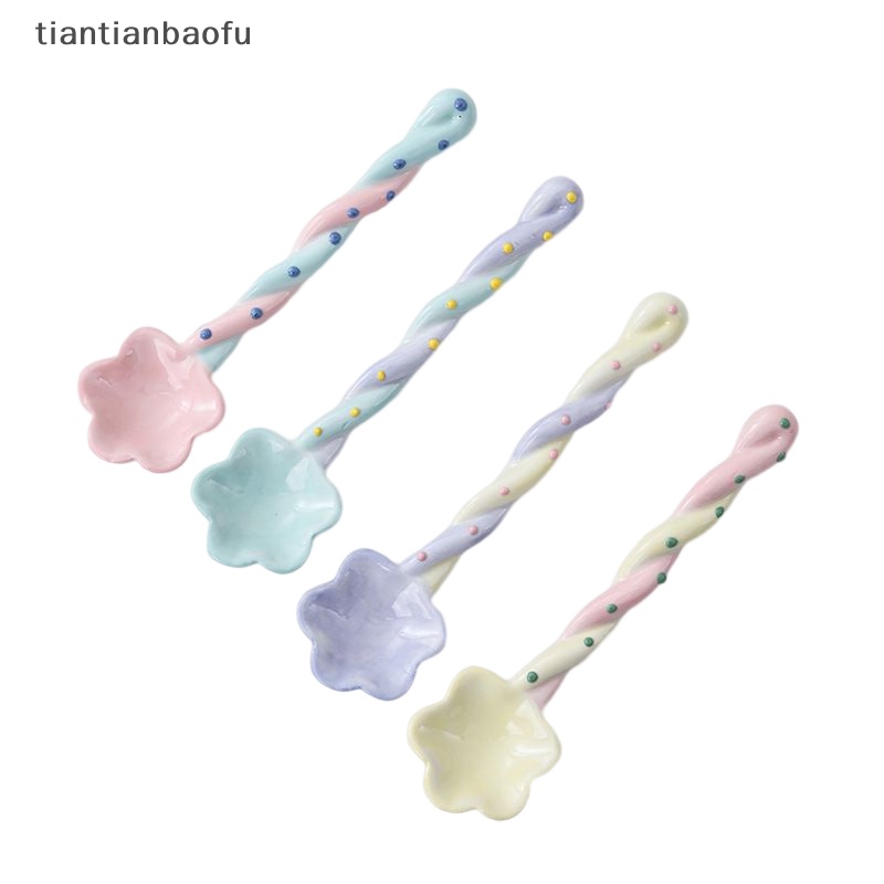 [tiantianbaofu] 1pc Sendok Gagang Panjang Keramik Lucu Es Krim Hand Painted Dessert Spoon Butik