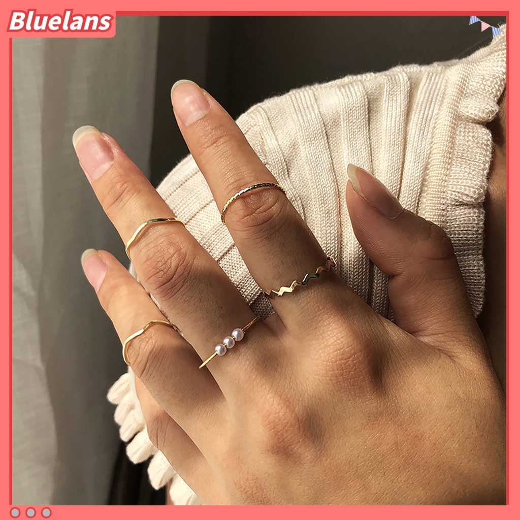 [BLS] 5pcs/set Wanita Dapat Ditumpuk Berlian Imitasi Gelombang Tipis Midi Cincin Buku Jari Cincin Perhiasan Aksesori