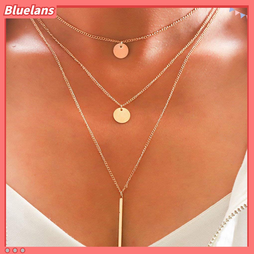 [BLS] Bohemia Multi-layer Bulat Tongkat Liontin Wanita Kalung Choker Perhiasan Charm