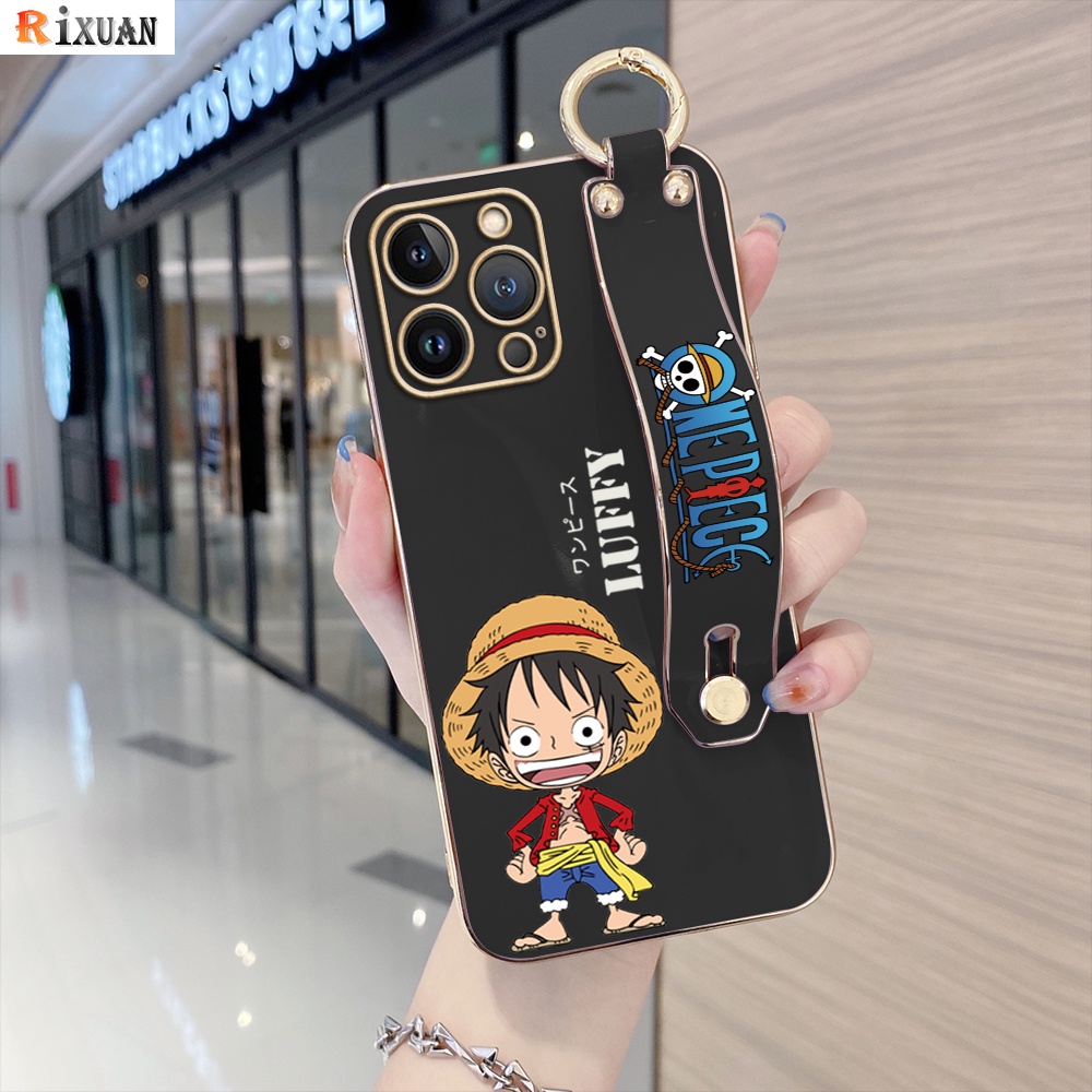 IPHONE Fashion Case Kompatibel Untuk Iphone6 6S Plus iPhone7 8Plus XS XS Max XR 11 Pro Max iPhone14 13 Kartun Anime Luffy Mewah Berlapis Krom Lembut TPU Square Cover Dengan Gelang RIXUAN