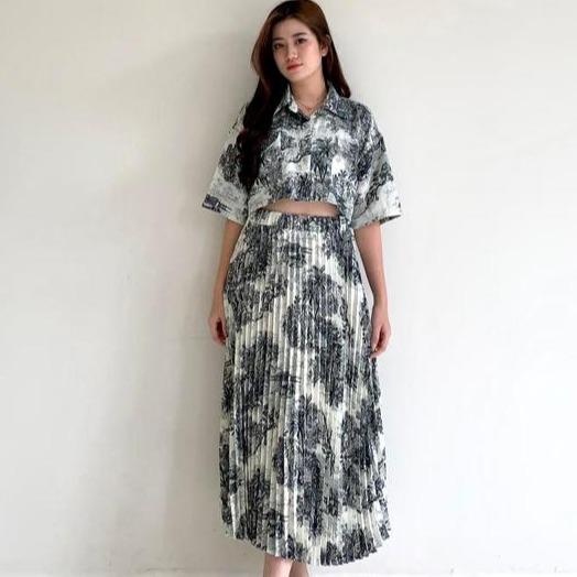 BEFAST - ZSO ONESET NANA / One Set Wanita Nature Korean Vintage Kemeja Crop &amp; Rok Midi Plisket / ONE SET BAJU WANITA FLORAL NATUR / SET FUJI Setelan Kekinian Remaja ABG Trendy / Oneset Wanita Casual Keluaran Terbaru / Set Atasan Kem Crop+Rok Midi Terlaris