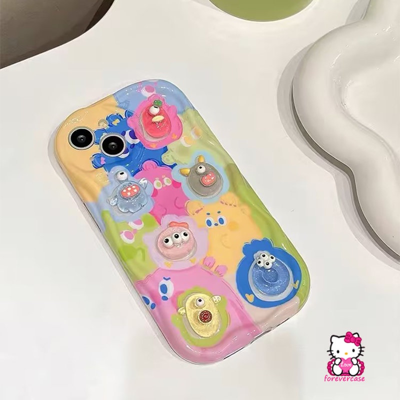 IPHONE Casing 3D Wavy Curved Edge Soft Glossy Kompatibel Untuk Iphone11 14 12 13 Pro Max 7 8 6 6s Plus XR XS X Max SE 2020 Kartun DIY Boneka Lucu Beruang Monster Star Rabbit Rainbow Phone Cover