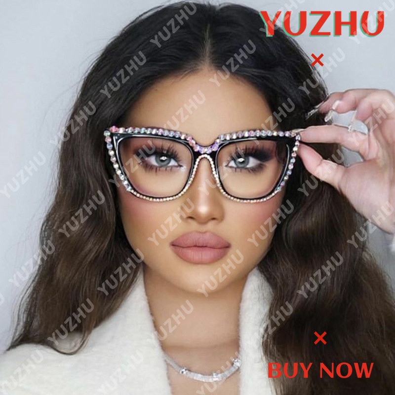 (YUZHU) Kacamata Berlian Mata Kucing Gaya Vintage Mode Baru Anti Blue Light Eyeglasses Frame Untuk Wanita