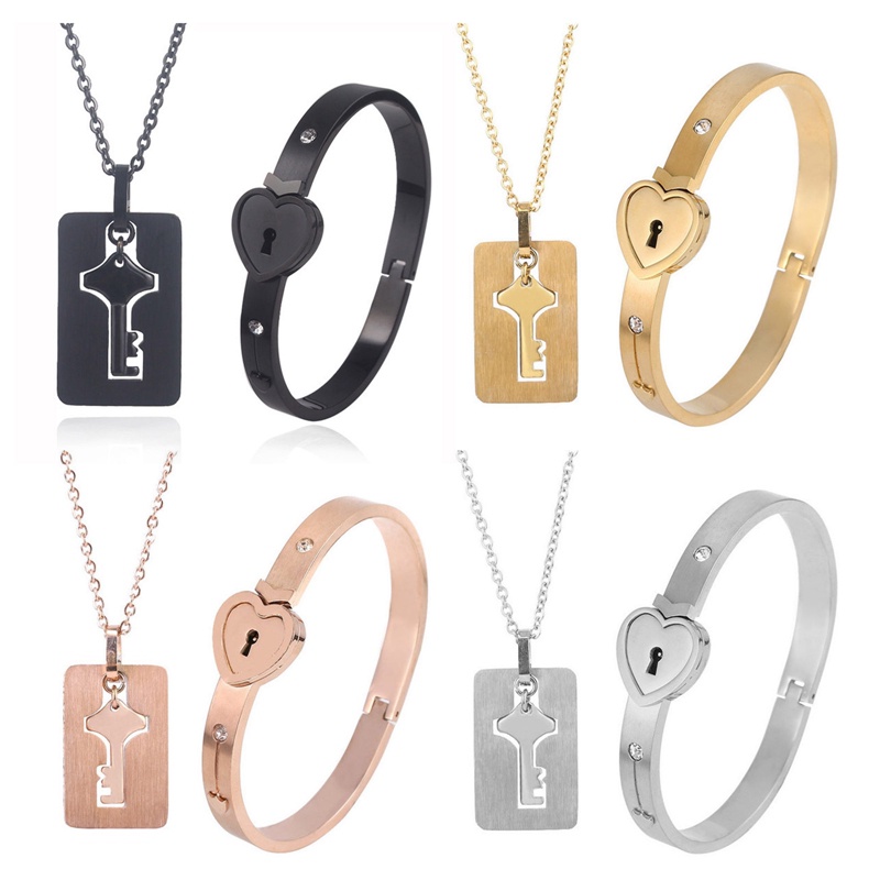 Sepasang Pecinta Perhiasan Cinta Hati Kunci Gelang Baja Titanium Gelang Bangles Kunci Liontin Kalung Set Perhiasan