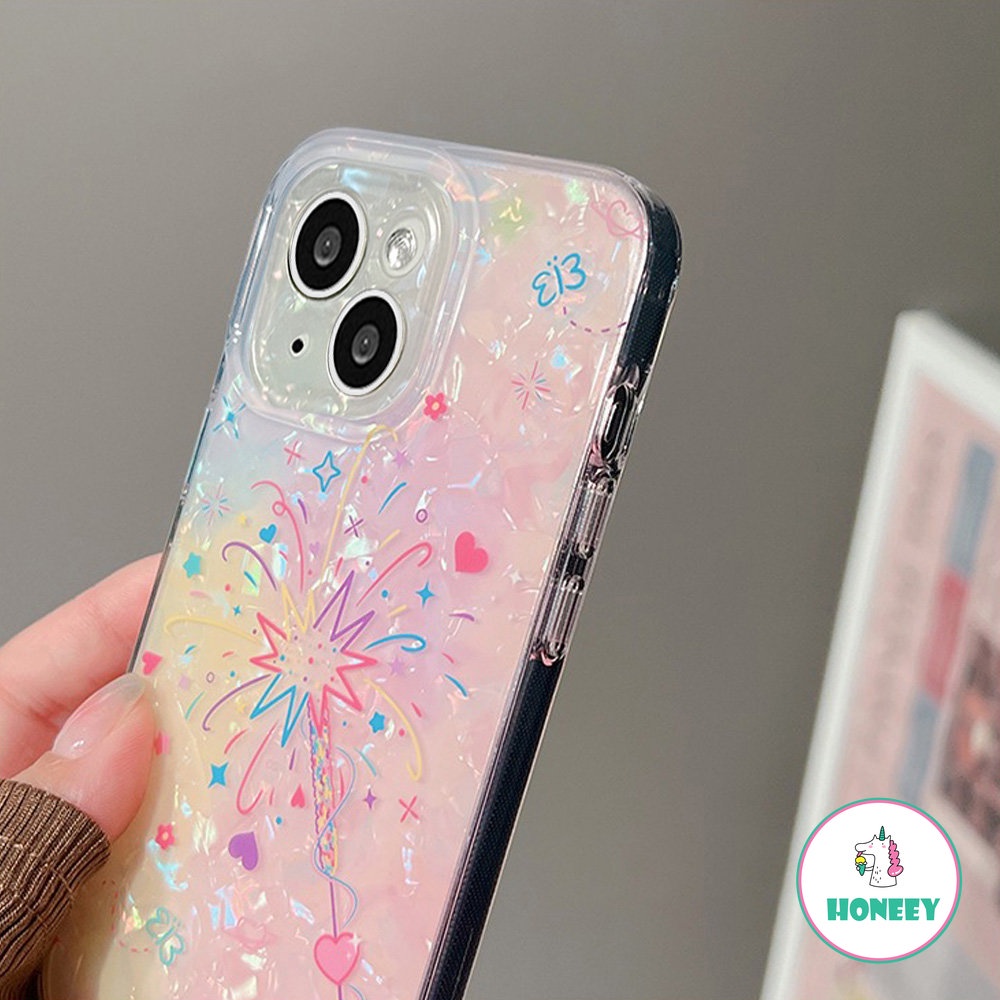 Casing Ponsel Warna-Warni Pola Shell Fashion Untuk iPhone 11 Pro Max12 13 14 Pro Max Love Hati Kembang Api Anti-Shock Back Cover