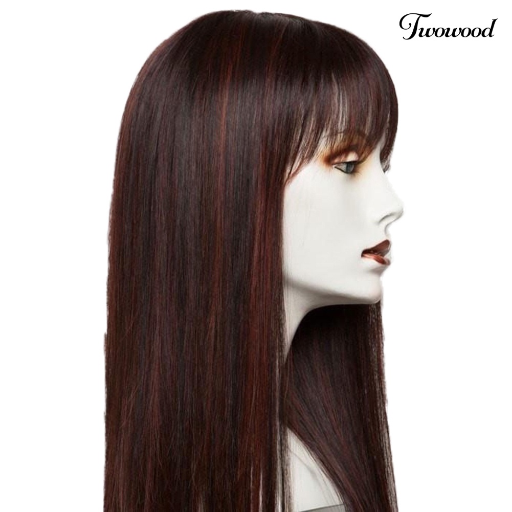 Twowood Serat Suhu Tinggi Wanita Panjang Lurus Hitam Coklat Bang Wig Rambut Sintetis