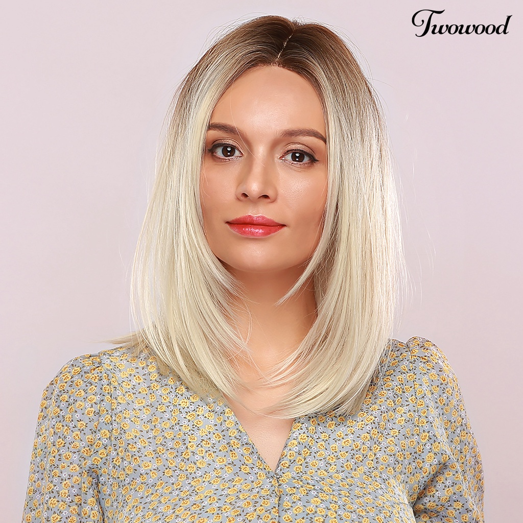 Wig Twowood 18inch Tahan Panas Full Rambut Pendek Lurus Sintetis Natural Untuk Wanita