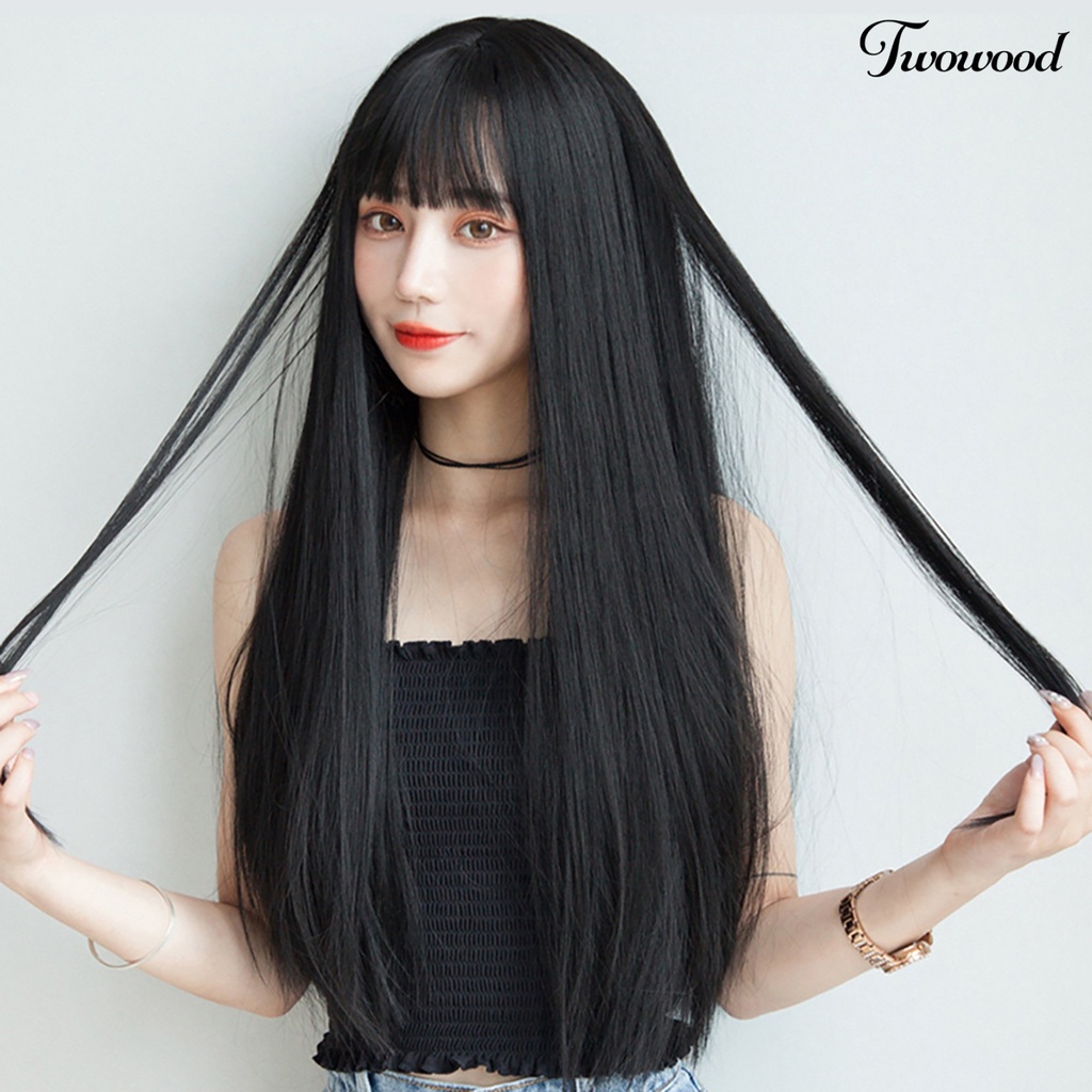 Twowood Wig Panjang Lurus Jaring Dalam Bernapas Serat Suhu Tinggi Bernapas Wig Rambut Hitam Untuk Perempuan