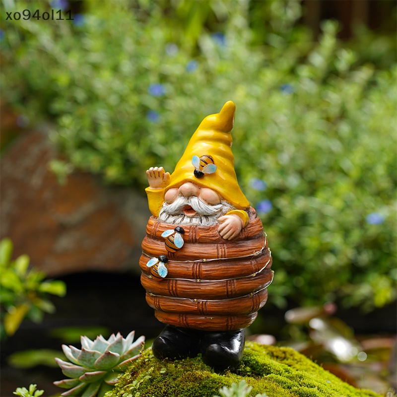 Xo Patung Gnome Dekorasi Taman, Patung Gnome Surya Lebah Dekorasi Dalam Ember Resin OL