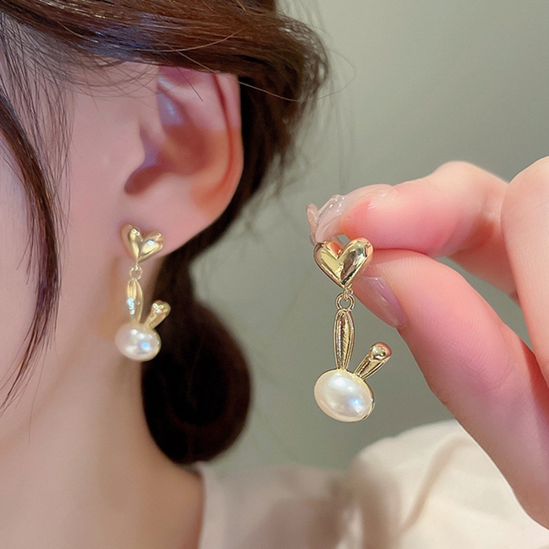 Anting Pejantan Kelinci Mutiara Indah Korea Baru Untuk Wanita Gadis Trendi Berlian Imitasi Perhiasan Perempuan Fashion Lucu Anting Hati