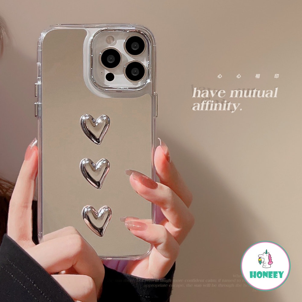 IPHONE 3d Silvery Love Heart Mirror Phone Case Kompatibel Untuk Iphone14 13 12 11 Pro Max 14promax Mewah Hard Back Cover