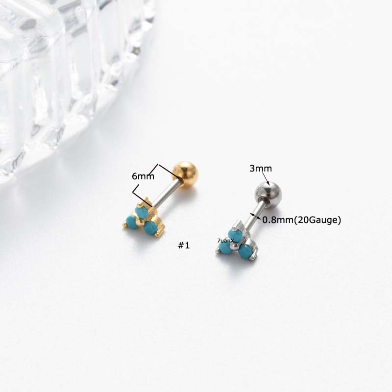 1biji Biru Buatan Batu Tulang Rawan Helix Tragus Tindik 20Gauge Lobe Anting-Anting Stainless Steel Barbel Ganda Kepala Manik