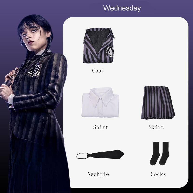 【Wetrose】 The Addams Family Coswear Wednesday Adams Hitam Print Dress Cosplay Seragam Sekolah Halloween