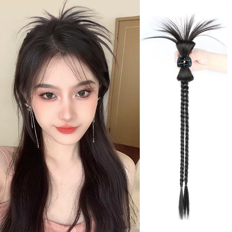 Rempah Gadis Gaya Bulu Ayam Shuttlecock Kepala Wig Wanita Malas Memutar Kepang Ponytail Rambut Wig Aksesoris