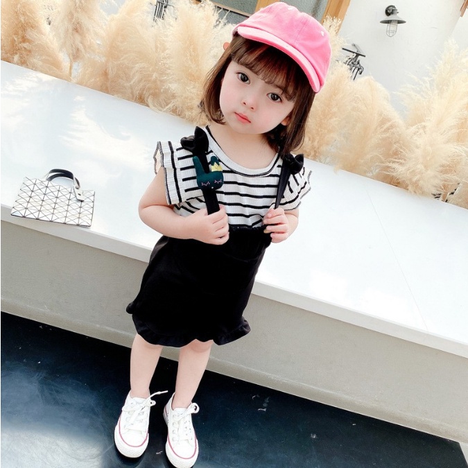 Setelan Set 2in1 Overall Anak Bayi Perempuan Kodok Garis Strip Pendek Import Cewek