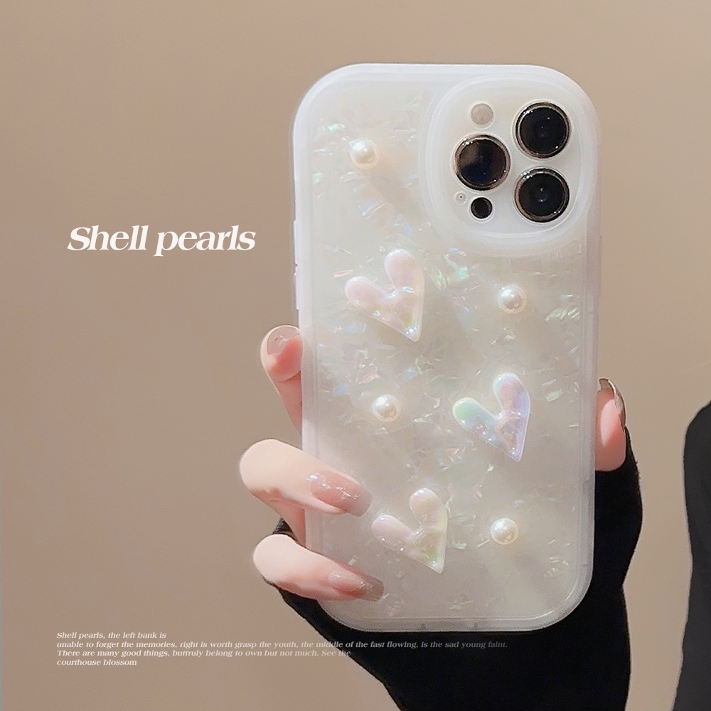 IPHONE 3d Pearlescent Kerang Cinta Hati Dengan Manik-Manik Mutiara Shell Pola Perlindungan Penuh Ponsel Soft Case Cover Untuk Iphone7 8 PLUS X XR XS 11 12 13 14 MINI PRO MAX Se2020