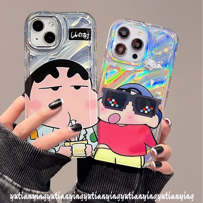 Kacamata Hitam Keren Crayon Shin-Chan Casing Kartu Laser Mewah Kompatibel Untuk IPhone XR XS X Max11 14 12 13 Pro Max 7Plus 6 6S 8plus Se2020 Dazzle Color 3D Stereo Corrugation Soft Case