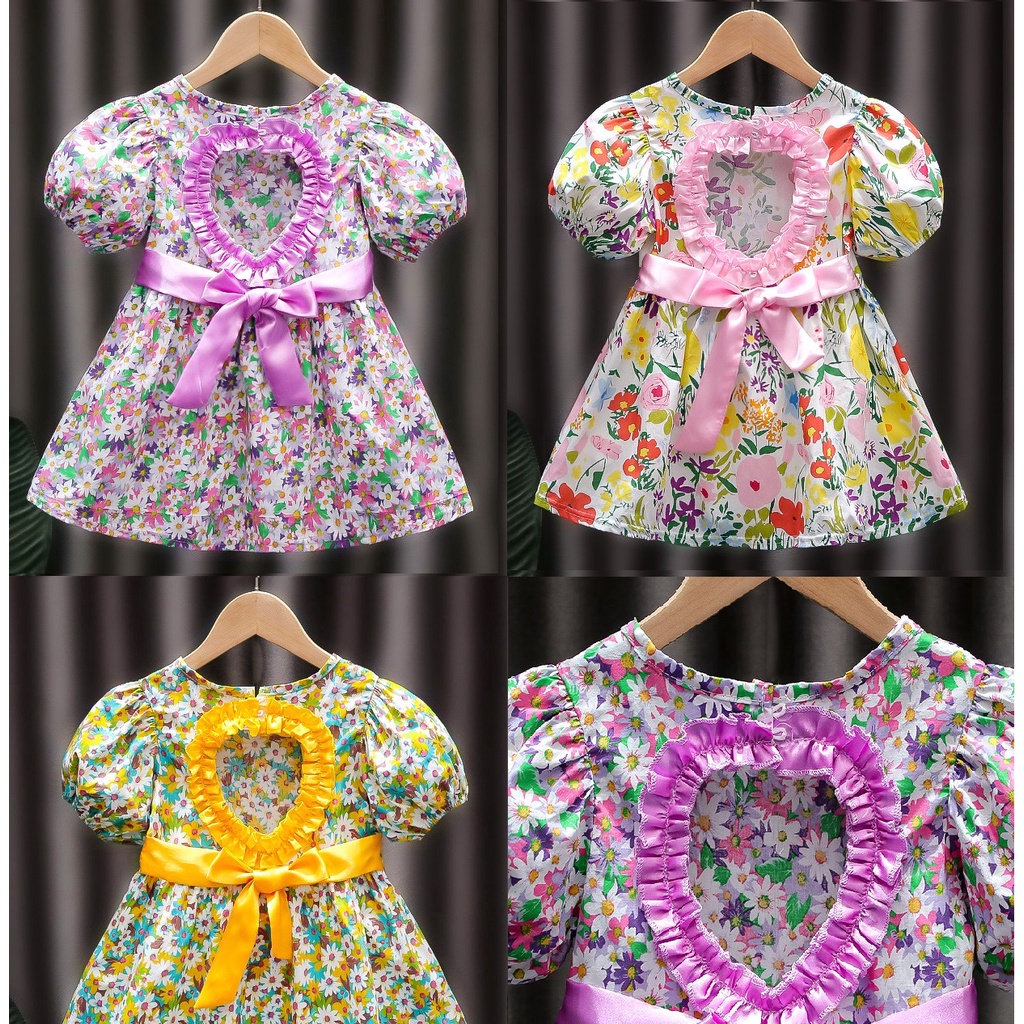 DRESS ANAK GAUN PESTA MOTIF FLOWER TALI PITA BELAKANG IMPORT