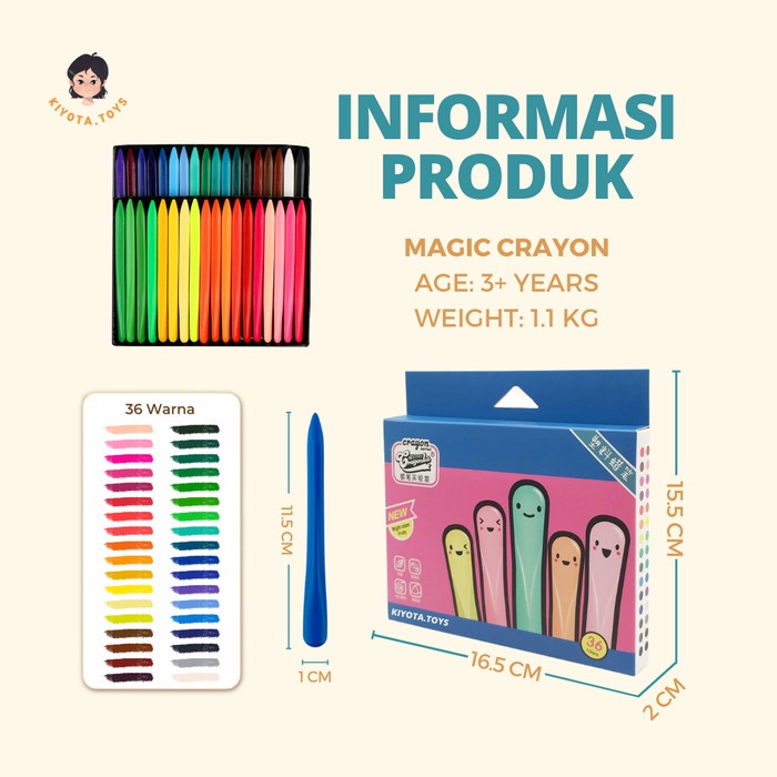 

Magic Crayon lab 36 pcs - kerayon anak ajaib, anti kotor, warna cerah