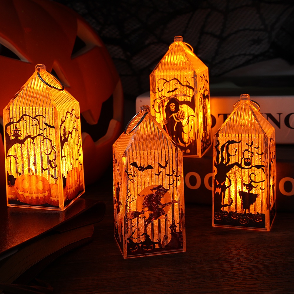 Properti Dekorasi Pesta Halloween Tenaga Baterai Halloween/Mainan Lampu Malam Tangan Kecil Portabel Untuk Anak/Tengkorak Labu Simulasi Api Lampu LED/Lentera Lampu Malam Genggam