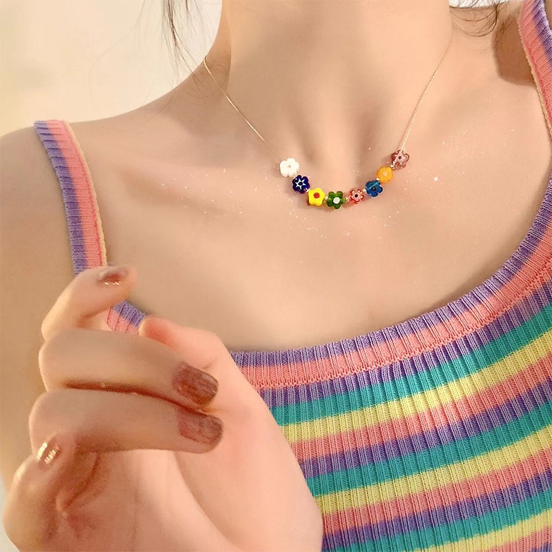 Kalung Manik-Manik Bunga Warna-Warni Klavikula Rantai Choker Mewah Manis Keren Cewek