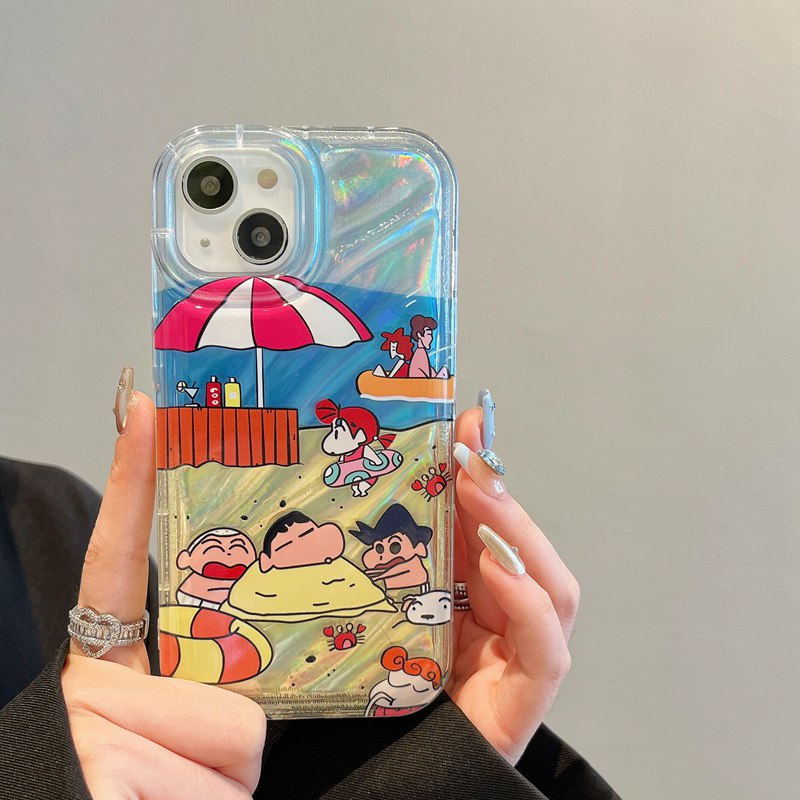 【Laser Popsocket】 Crystal Wave So Cool Funny Crayon Shin-chan Airbag Soft Case for IPhone 7 8 Plus X XR XS Max 11 12 13 14 Pro Max 14 Plus SE Women Girl Lovely Cartoon