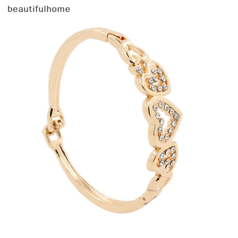 {beautifulhome} Hot Fashion Wanita Lady Berlapis Emas Kristal Manset Bangle Cinta Hati Pesona Gelang.