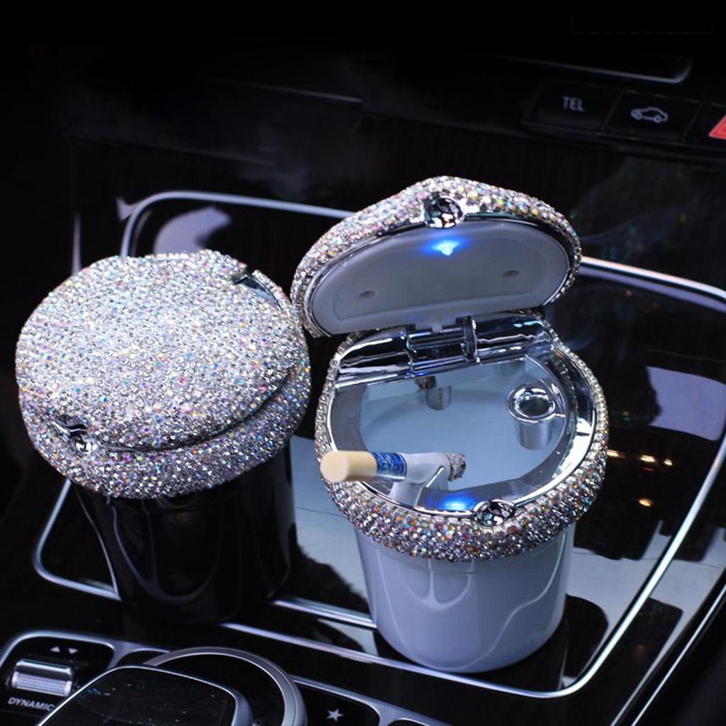 [SM] Car Ash Tray with Lid LED Blue Light Odor Proof less Mini Rhinestone Tanam Tempat Tong Sampah Otomatis Aksesoris Interior Mobil