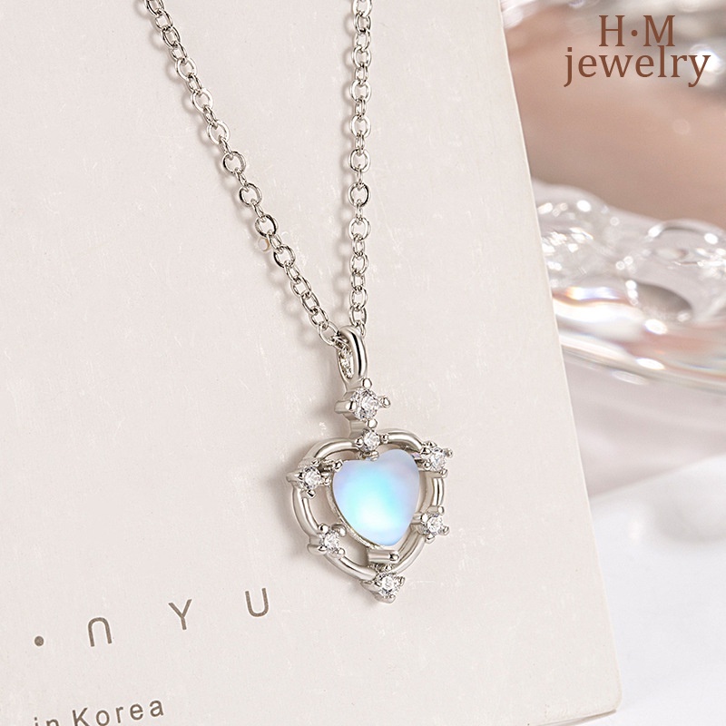 S925 Perak Sederhana Fashion Moonstone Love AAA Zirkon Liontin Kalung