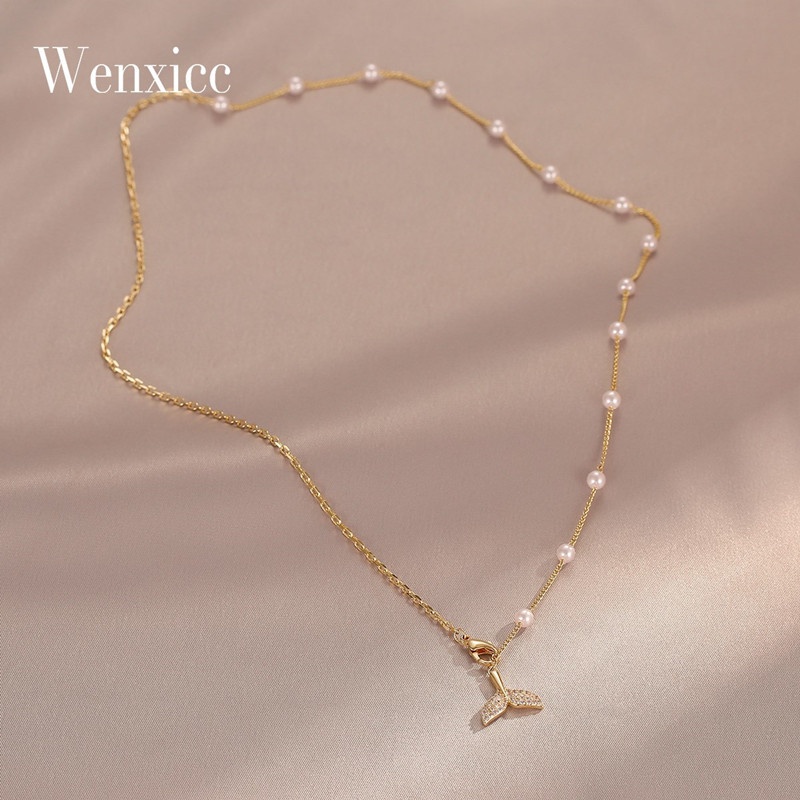 Kalung Jahitan Rantai Mutiara Temperamen Jepang Korea Desain Niche Sederhana Unik Rasa Berlian Fishtail Pendant Clavicle Chain