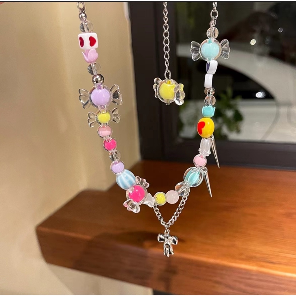 Candy Paradise Kalung Perempuan Gaya Baru Trendi Niche Desain Manis ins Manik-Manik Warna-Warni Childlike Klavikula Rantai Gelang