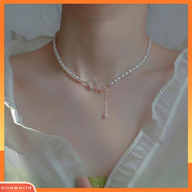 [ONR] Fashion Mutiara Kalung Cahaya Mewah Berlian Minor Kupu-Kupu Pendek Choker Klavikula Rantai