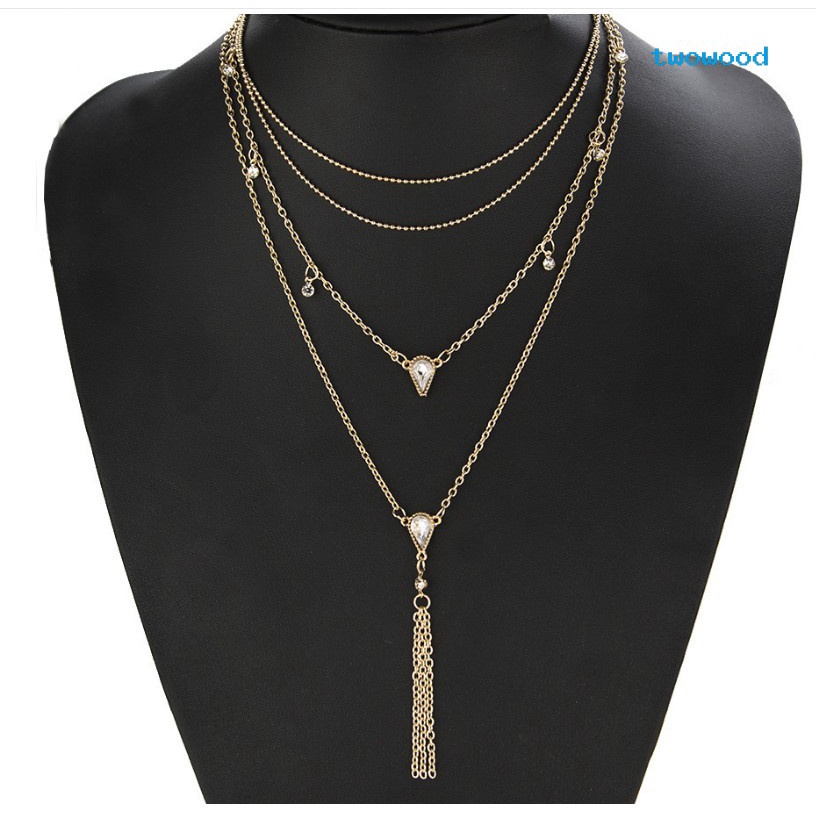 Twowood Four-layer chain drop Permata Berlian Kalung multi-layer Rumbai Liontin Kalung