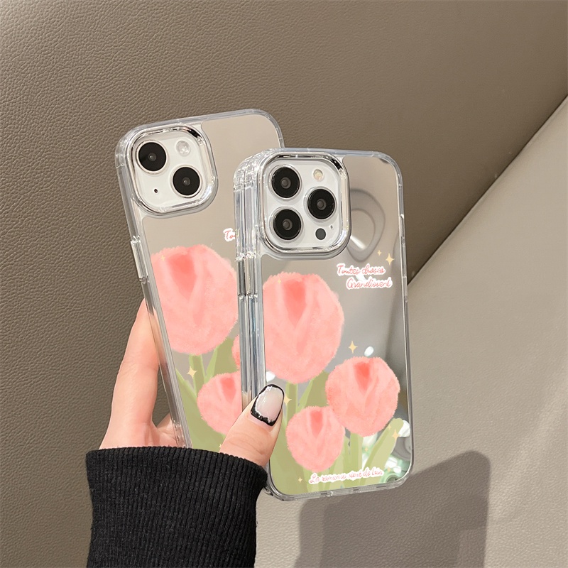 IPHONE Casing Ponsel Cermin Bunga Graffiti Pink Kompatibel Untuk Iphone11 12 13 14 12Pro 13Pro 14Pro Pro Max XR X XS Max Electroplating Tombol Perlindungan Mirror Cover