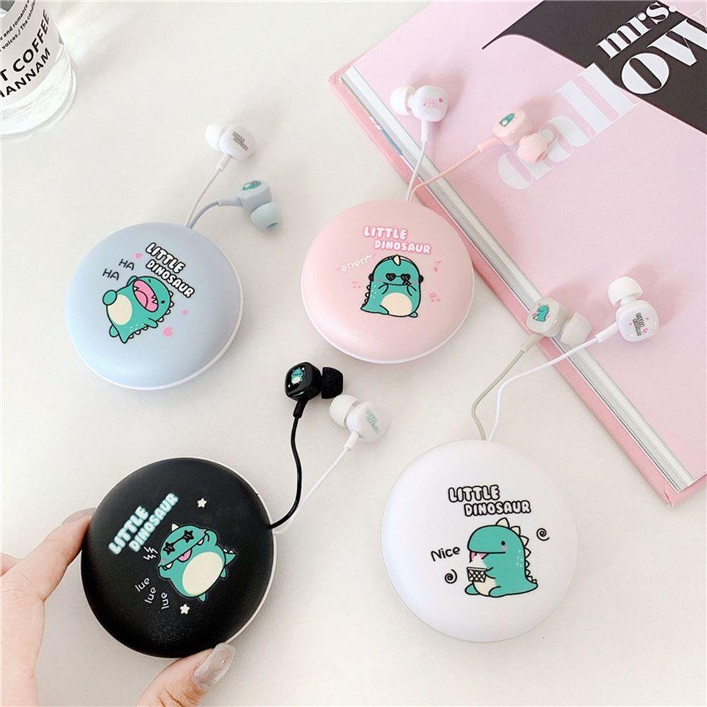 Chookyy Headphone Kabel, Earphone Kabel Plug 3.5mm, Dinosaurus Putih Indah /Pink /Hitam/Biru Dengan Kotak Penyimpanan Penyumbat Telinga Untuk Musik