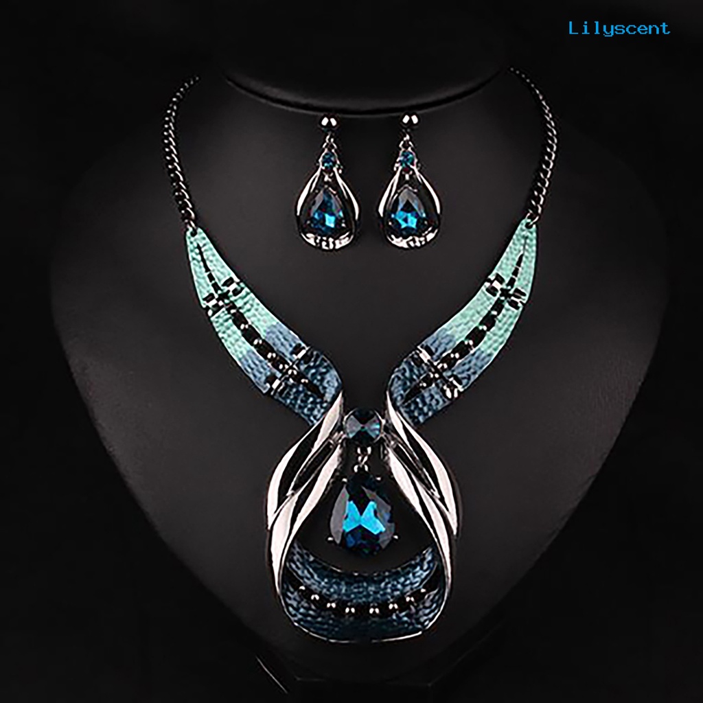 [LS]3Pcs Set Perhiasan Adjustable Hadiah Ulang Tahun Anti Luntur Teardrop Kalung Drop Earrings Set Perhiasan Untuk Pernikahan