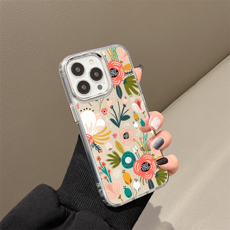 IPHONE Lukisan Bunga Cermin Ponsel Case Kompatibel Untuk Iphone11 12 13 14 12Pro 13Pro 14Pro Pro Max XR X XS Max Electroplating Tombol Perlindungan Mirror Cover