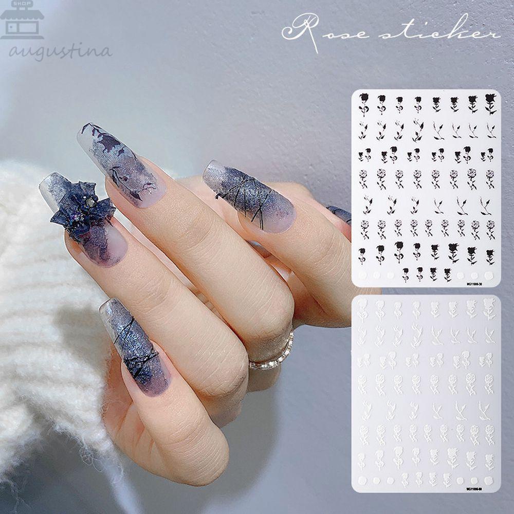 AUGUSTINA Agustina Stiker Kuku Mawar Korea Retro Daun Bunga Hitam Putih Perekat Diri DIY Nail Decals