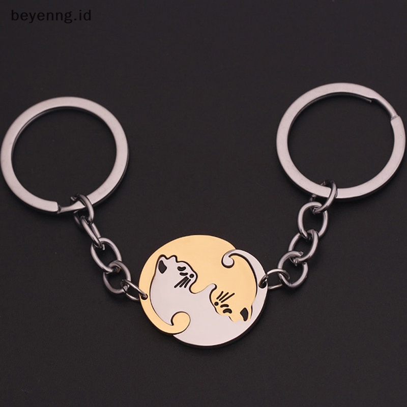Beyen 1pasang Lucu Kucing Hitam Gantungan Kunci Patchwork Hati Bulat Pasangan Pecinta Keyring Stainless Steel Ransel Kunci Mobil Gantungan Perhiasan ID