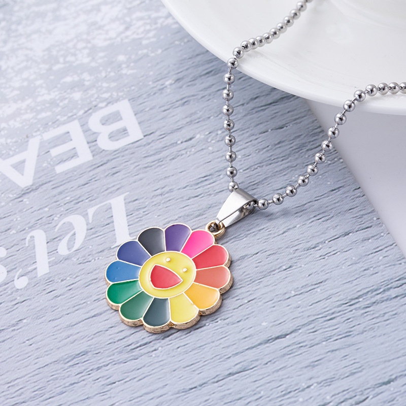 Ins Cool Jump Hip Hop Hyuna Style Colorful Rainbow Pendant Sunflower Smiley Bunga Matahari Pasangan t-Shirt Kalung Pria