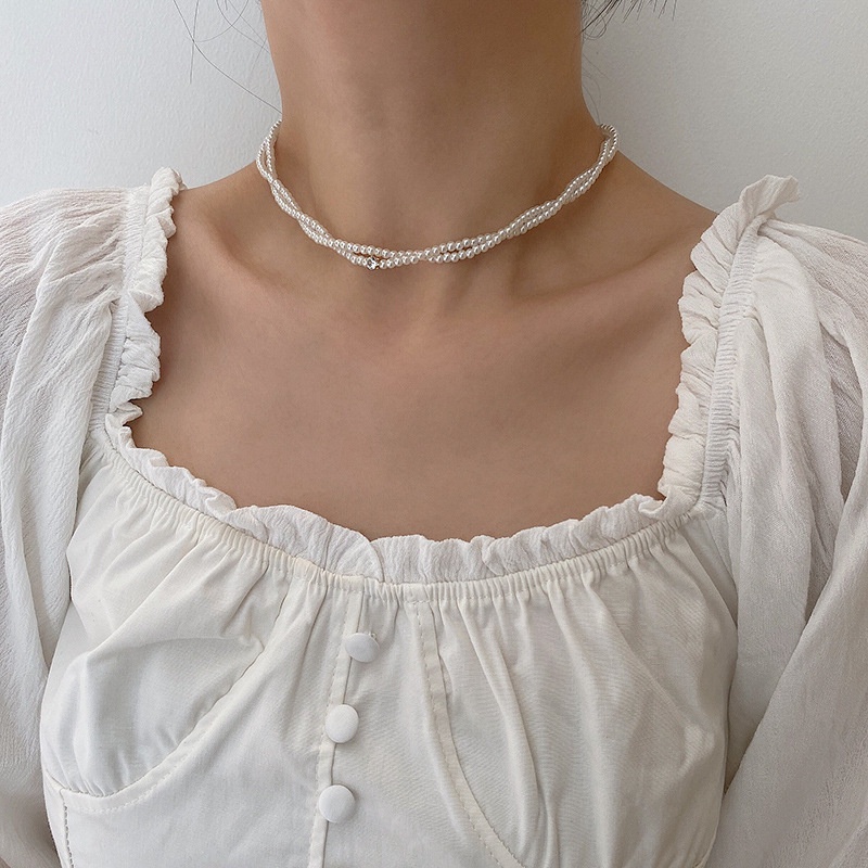 Musim Panas Lembut Mutiara Rantai Klavikula Zirkon Berliku Niche Ganda Sorot Mutiara Kalung Perempuan Temperamen Peri Kalung