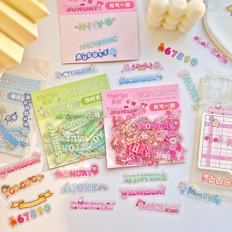 48pcs Stiker Kata-Kata Bahasa Inggris Kartun Yang Indah Pack Siswa Scrapbook Deco DIY English Stickers