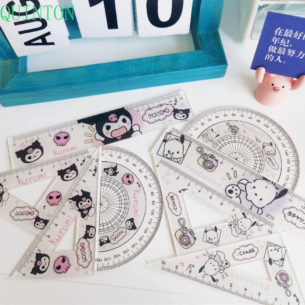 QUINTON Penggaris Segitiga Lurus Busur Derajat Set Kawaii Multifungsi Kantor Sekolah Kuromi Pochacco Dividing Ruler