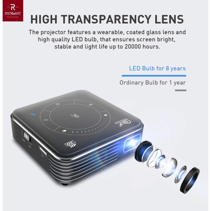 85 ROCKWARE P11 2GB - Mini Android 9.0 DLP Projector 55 ANSI Lumens 4K HD