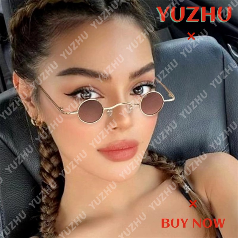 (YUZHU) Kacamata Hitam Bulat Bingkai Kecil Vintage Unisex Mini Hip Hop Metal Sunglasses