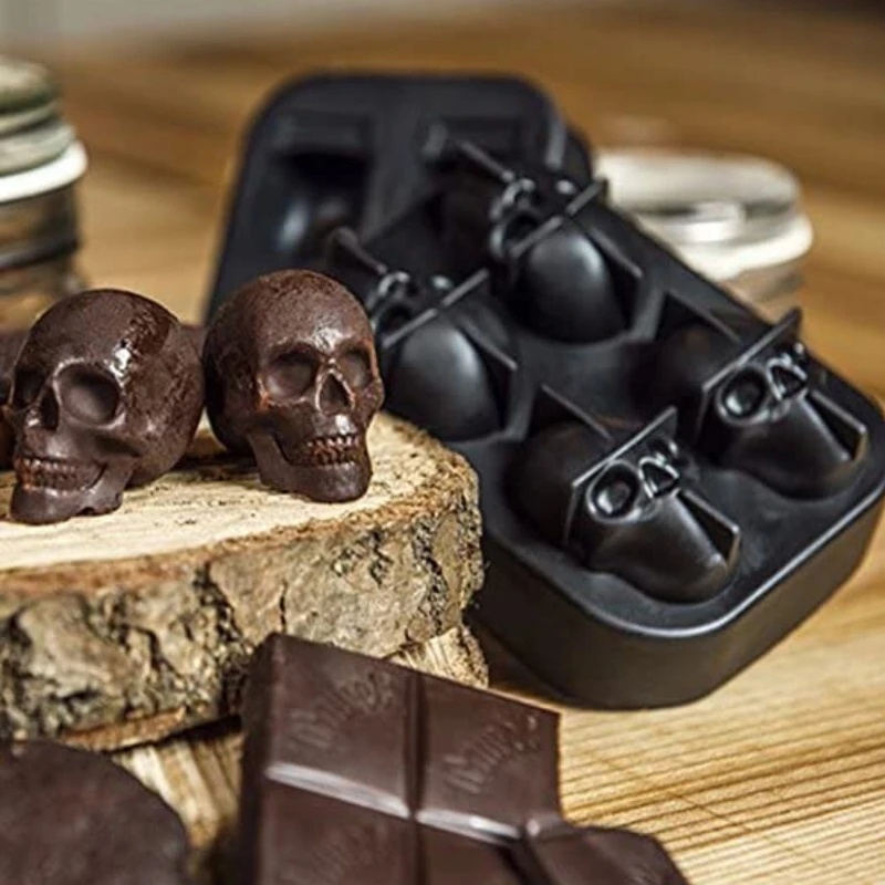 Cetakan es batu bentuk tengkorak 3D / Ice Ball Tray silikon 4-Cavity / cetakan coklat Resin Sphere kecil / untuk jus Whiskey Cocktail / perlengkapan pesta Halloween / gadget dapur Bar