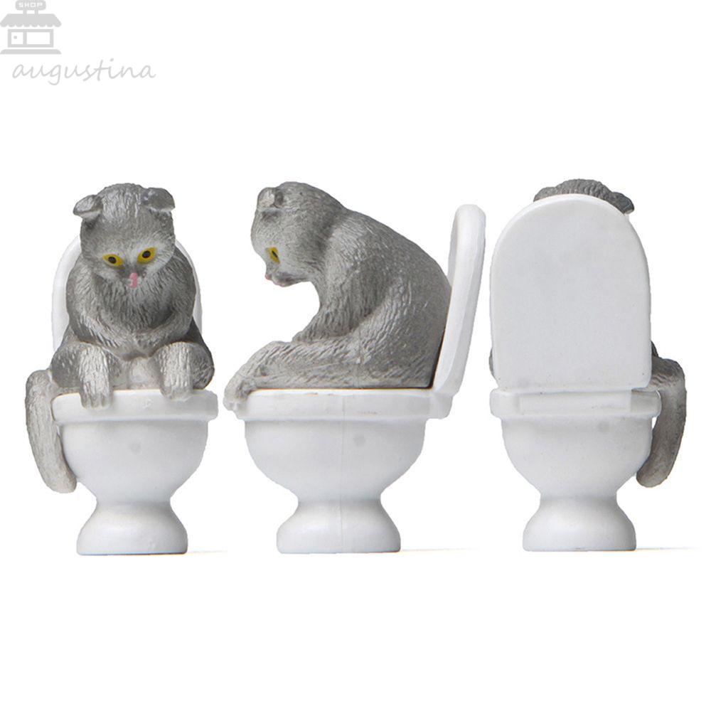 AUGUSTINA Kucing Duduk Di Closestool Toilet Simulasi Kitten Dekorasi Kue Model PVC Ornamen Kucing Figure Mainan Patung Hewan Peliharaan Desktop Ornamen